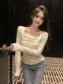 Camiseta delgada unicolor de cuello cuadrado - Albaricoque - Ver 1