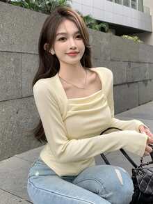 Camiseta delgada unicolor de cuello cuadrado - Albaricoque - Ver 3