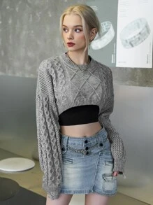 SHEIN Cable Knit Drop Shoulder Crop Jumper - Grey - View 4
