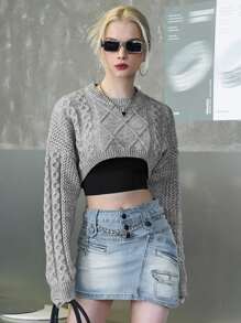 SHEIN Cable Knit Drop Shoulder Crop Jumper - Grey - View 6