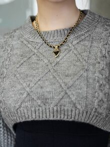 SHEIN Cable Knit Drop Shoulder Crop Jumper - Grey - View 8