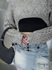 SHEIN Cable Knit Drop Shoulder Crop Jumper - Grey - View 10