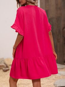 SHEIN VCAY Tie Neck Flounce Sleeve Ruffle Hem Smock Dress - Hot Pink - View 3