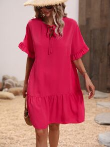 SHEIN VCAY Tie Neck Flounce Sleeve Ruffle Hem Smock Dress - Hot Pink - View 1