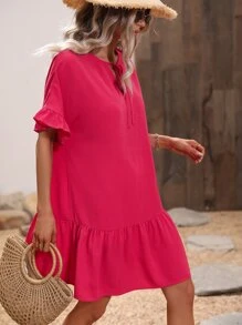 SHEIN VCAY Tie Neck Flounce Sleeve Ruffle Hem Smock Dress - Hot Pink - View 5
