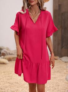 SHEIN VCAY Tie Neck Flounce Sleeve Ruffle Hem Smock Dress - Hot Pink - View 6