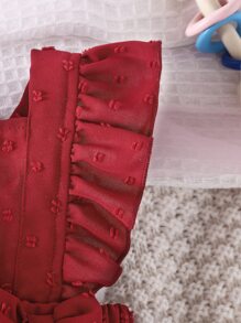 Baby Girl Swiss Dot Ruffle Trim Bow Front Overall Bodysuit & Headband - Burgundy - View 3