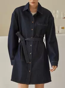 SHEIN 落肩袖腰帶牛仔襯衫洋裝