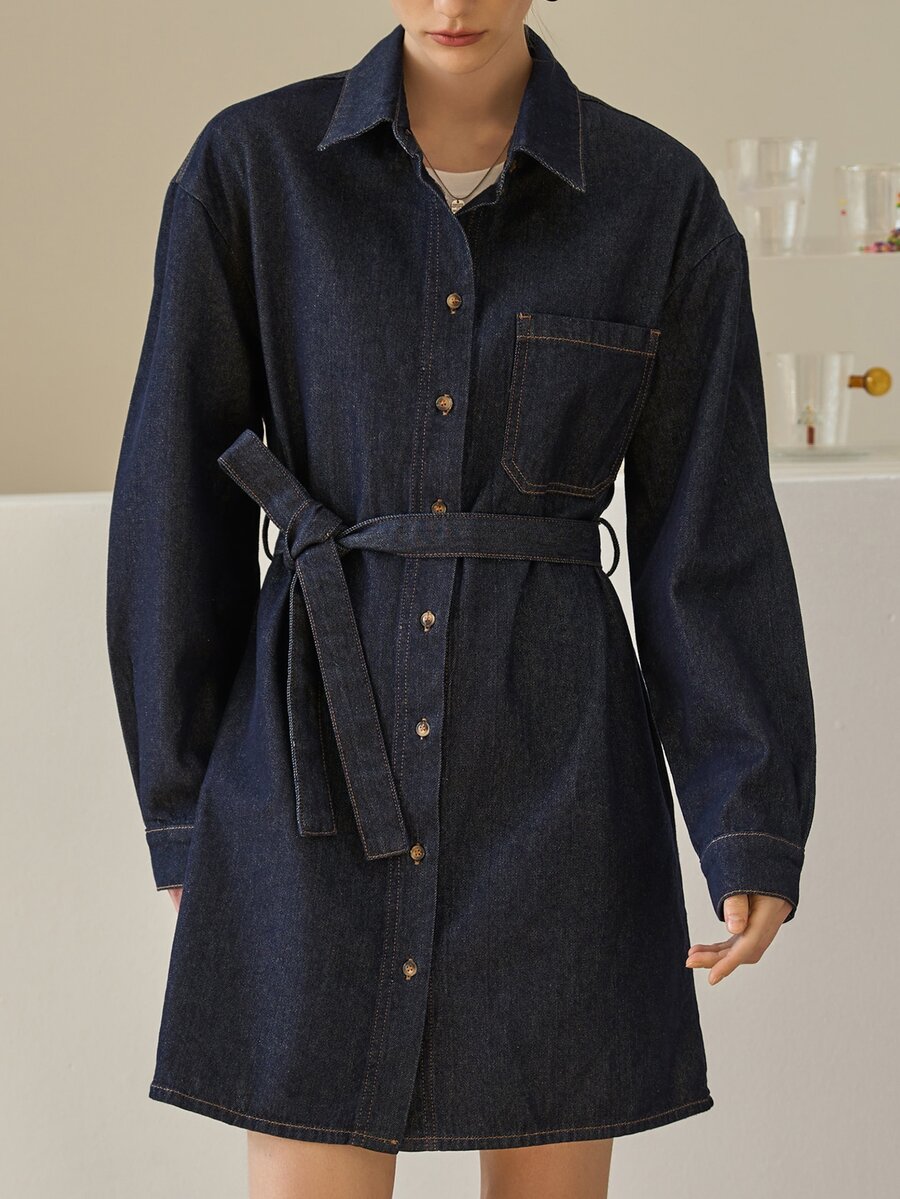 SHEIN 落肩袖腰帶牛仔襯衫洋裝