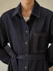 SHEIN 落肩袖腰帶牛仔襯衫洋裝