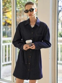 SHEIN 落肩袖腰帶牛仔襯衫洋裝