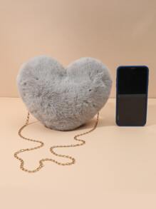 Fashionable Solid Color Plush Heart Chain Crossbody Bag - Light Grey - View 5