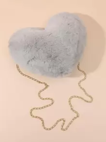 Fashionable Solid Color Plush Heart Chain Crossbody Bag - Light Grey - View 6