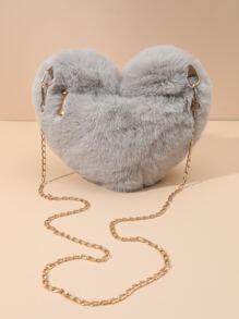 Fashionable Solid Color Plush Heart Chain Crossbody Bag - Light Grey - View 7