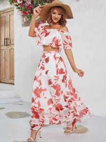 Eilly Bazar Floral Print Off Shoulder Ruffle Trim Crop Top & Skirt - Multicolor - View 1