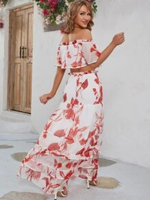 Eilly Bazar Floral Print Off Shoulder Ruffle Trim Crop Top & Skirt - Multicolor - View 2