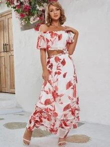 Eilly Bazar Floral Print Off Shoulder Ruffle Trim Crop Top & Skirt - Multicolor - View 4