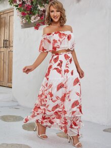 Eilly Bazar Floral Print Off Shoulder Ruffle Trim Crop Top & Skirt - Multicolor - View 5