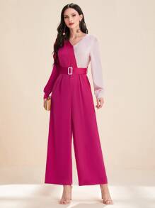 Modelyn Two Tone Belted Wide Leg Jumpsuit - Hot Pink - View 1