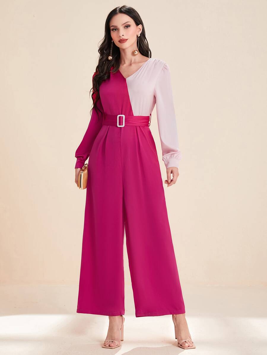 Modelyn Two Tone Belted Wide Leg Jumpsuit - Hot Pink - View 1