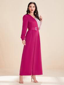Modelyn Two Tone Belted Wide Leg Jumpsuit - Hot Pink - View 3