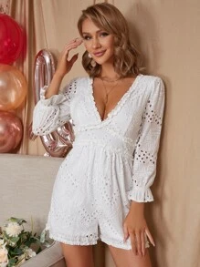 Eilly Bazar Plunging Neck Eyelet Embroidery Flounce Sleeve Schiffy Romper - White - View 6