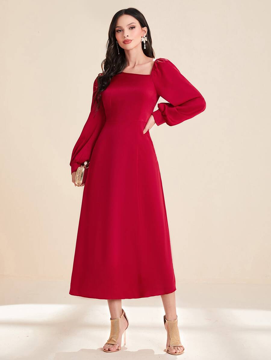 Modelyn Vestido de cuello asimétrico de manga farol - Rojo - Ver 1