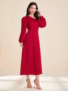 Modelyn Vestido de cuello asimétrico de manga farol - Rojo - Ver 3