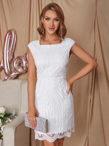 Eilly Bazar Square Neck Scallop Hem Lace Overlay Dress - White - View 1