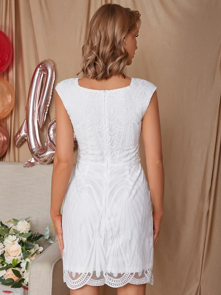 Eilly Bazar Square Neck Scallop Hem Lace Overlay Dress