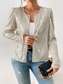 SHEIN Essnce Puff Sleeve Open Front Sequin Jacket - Apricot - View 1