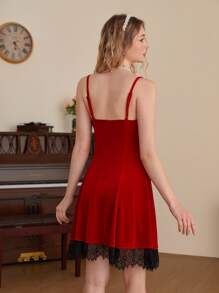 SHEIN MOD Contrast Lace Bustier Cami Dress Without Corset - Red - View 4