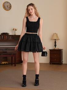 SHEIN MOD Áo hai dây màu trơn Giải trí - màu đen - Xem 5