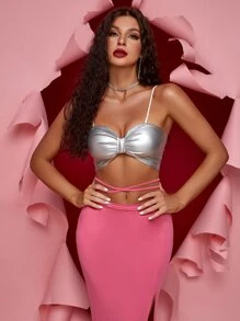 Áo hai dây xoắn lại màu trơn Buổi tiệc - Bạc - Xem 4