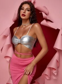 Áo hai dây xoắn lại màu trơn Buổi tiệc - Bạc - Xem 6