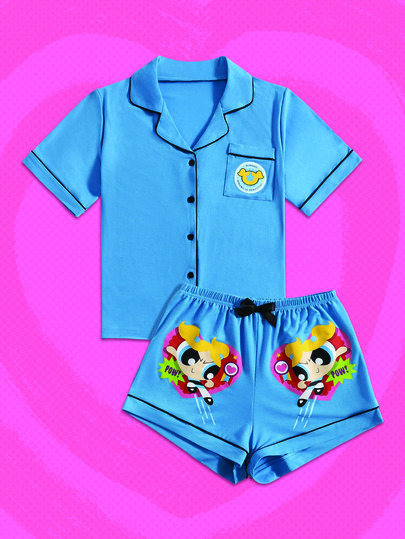 The Powerpuff Girls | ROMWE Letter Cartoon Graphic Contrast Binding Pocket Pajama Set