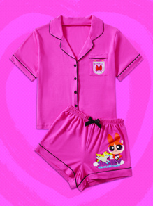 The Powerpuff Girls | ROMWE Bộ đồ ngủ liền thân họa tiết hoạt hình chữ cái tương phản, trường học - Màu Hồng Tươi - Xem 1