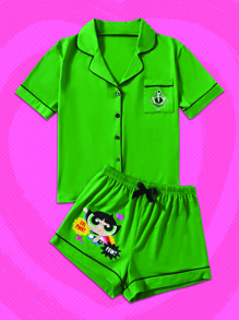 The Powerpuff Girls | ROMWE 字母卡通图案撞色绑带睡衣套装，学校 - 綠色 - 查看 1