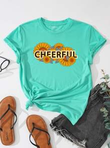 SHEIN LUNE Sunflower And Letter Graphic Tee - Green - View 1