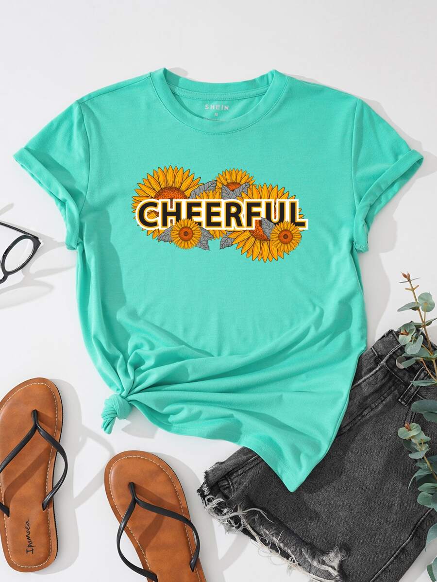 SHEIN LUNE Sunflower And Letter Graphic Tee - Green - View 1