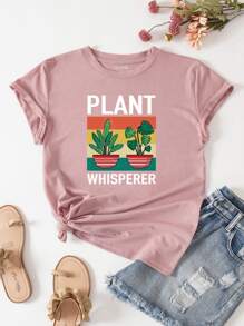 SHEIN LUNE Plants & Letter Graphic Tee - Pink - View 1