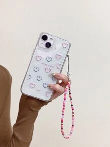Heart Print Clear Phone Case With Lanyard