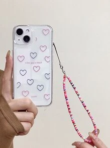 Heart Print Clear Phone Case With Lanyard