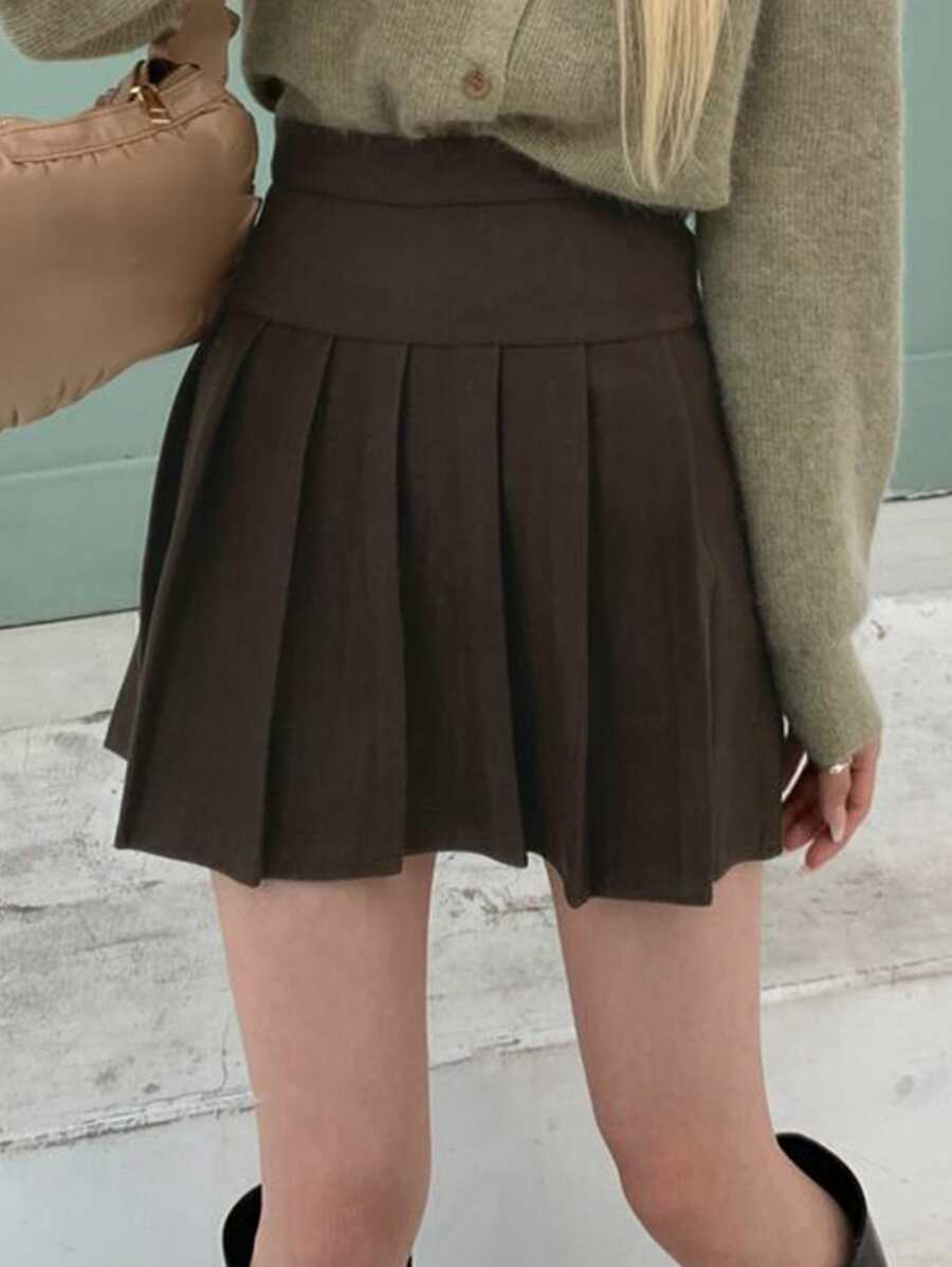 DAZY Solid Pleated Mini Skirt - Chocolate Brown - View 1