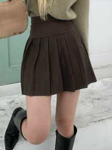 DAZY Solid Pleated Mini Skirt - Chocolate Brown - View 4