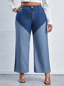 Plus High Waist Colourblock Wide Leg Jeans - Blue - View 1