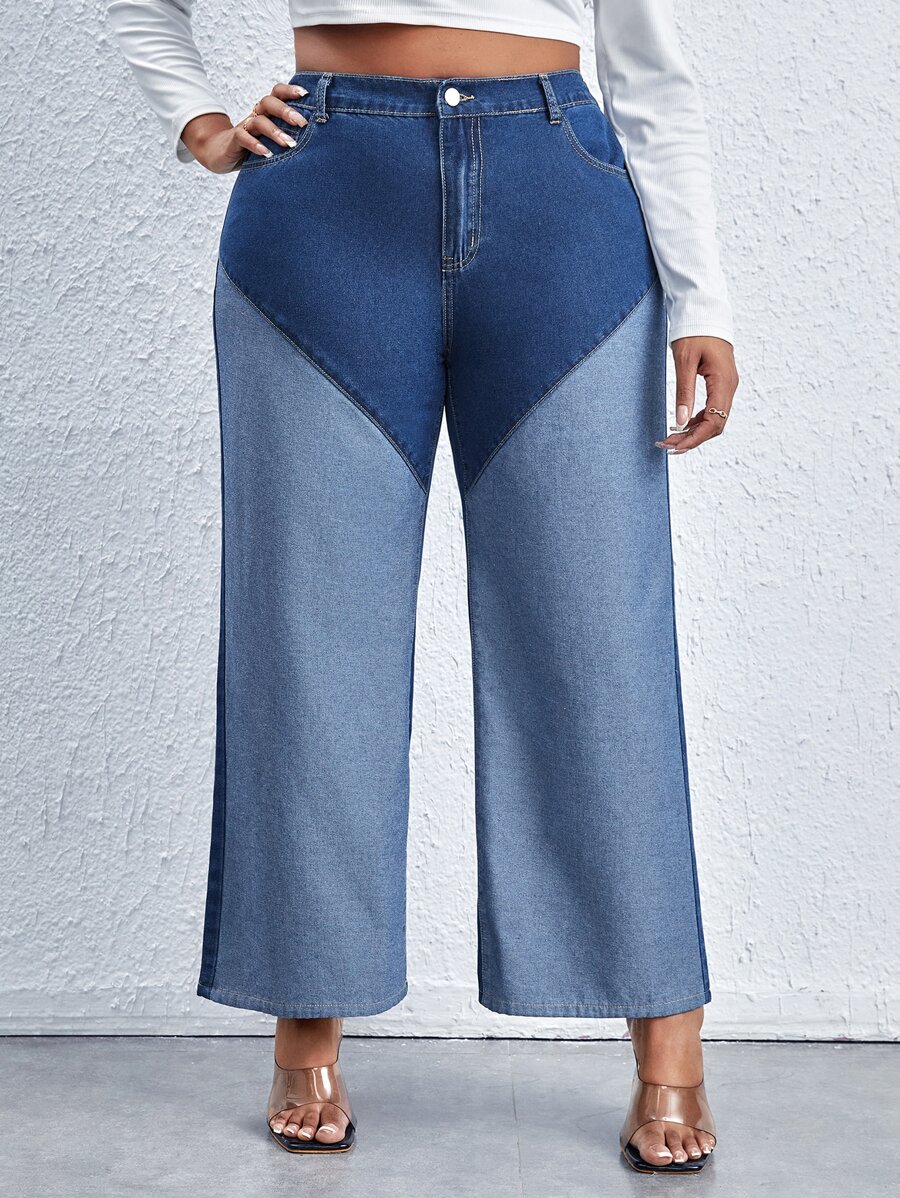 Plus High Waist Colourblock Wide Leg Jeans - Blue - View 1