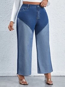 Plus High Waist Colourblock Wide Leg Jeans - Blue - View 4