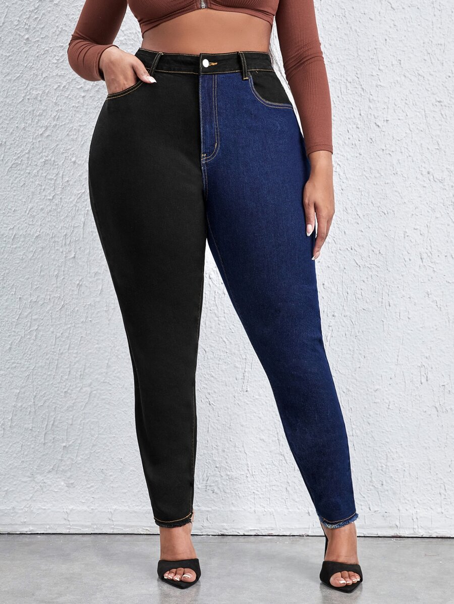 Plus High Waist Two Tone Skinny Jeans - Multicolor - View 1