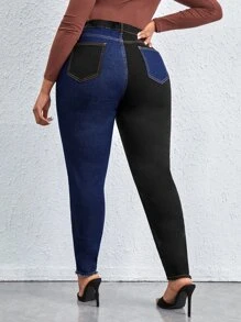 Plus High Waist Two Tone Skinny Jeans - Multicolor - View 2